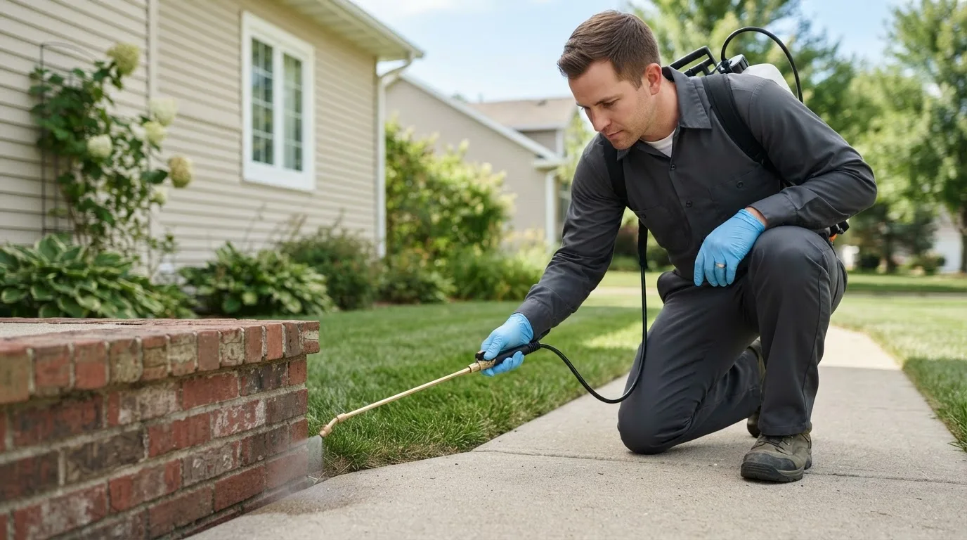 Pest control technician treating a home near Huntsville, IL