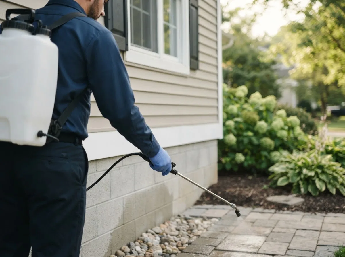 Pest control technician inspecting a home in Huntsville, IL